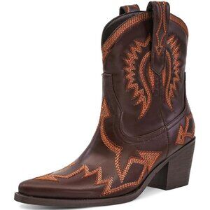 Women Metallic Embroidered Pointed Toe Cowgirl Boots Chunky Heel Pull-On Brown